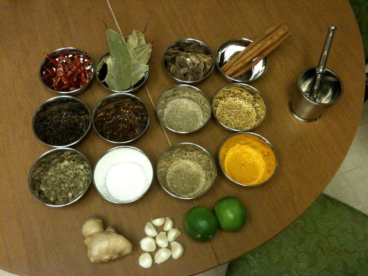 Assortment of whole and ground spices including dried chile, ginger, cinnamon, coriander, cloves, cumin and black pepper, representing the layered profile of Spice Czar 18 Spice Chicken Rub. Photo by Zak Greant via Wikimedia Commons, CC BY 2.0.