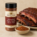 Spice Czar Adirondack Maple Chipotle Smoke Rub 4 oz shaker with spice and glazed smoked pork ribs