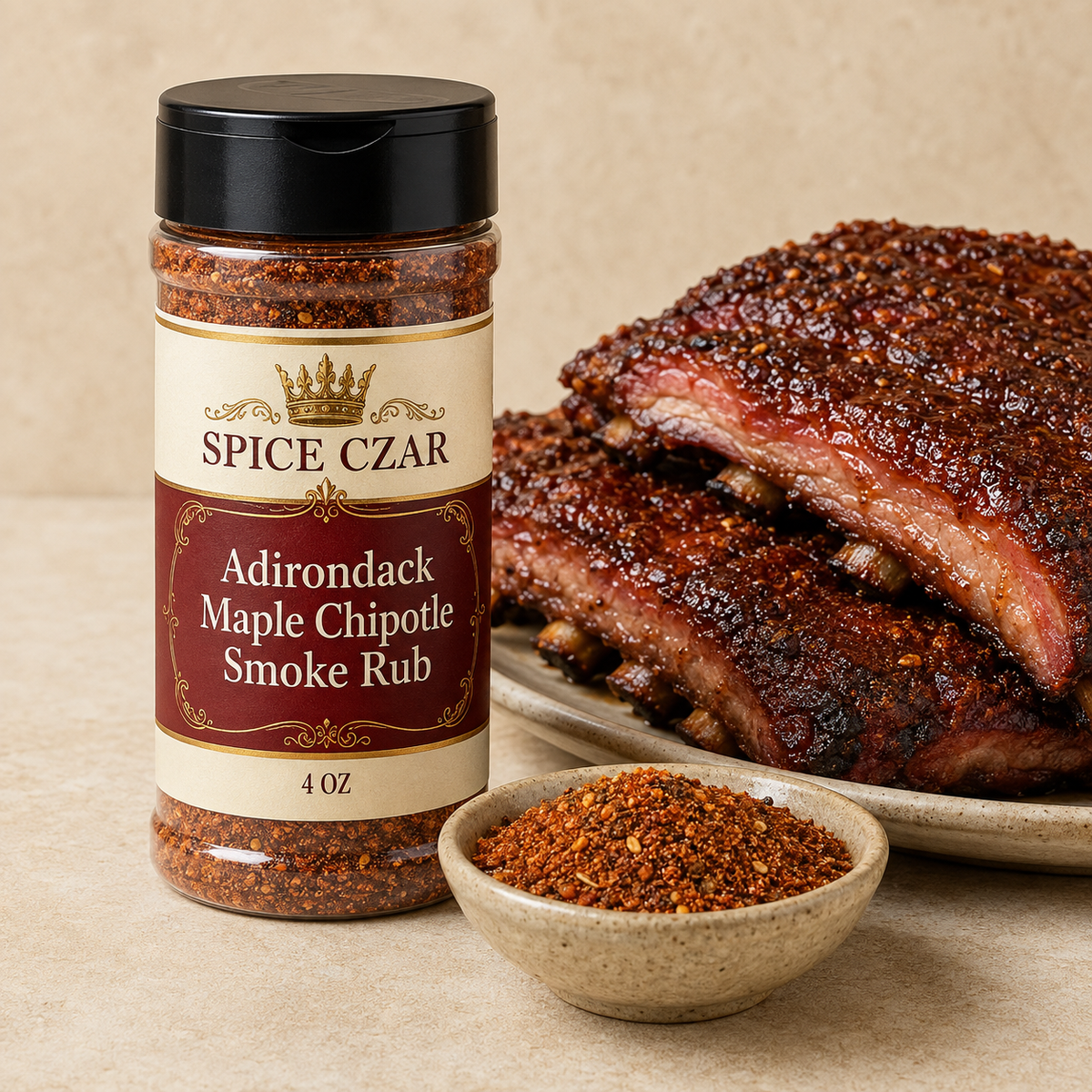 Spice Czar Adirondack Maple Chipotle Smoke Rub 4 oz shaker with spice and glazed smoked pork ribs