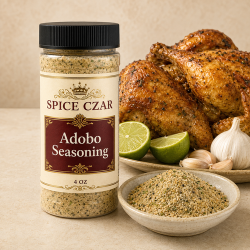 Spice Czar Adobo Seasoning 4 oz shaker with spice and roasted chicken