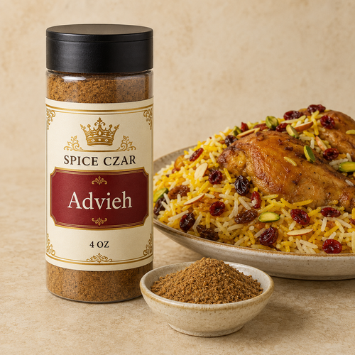 Spice Czar Advieh 4 oz shaker with spice and Persian jeweled rice