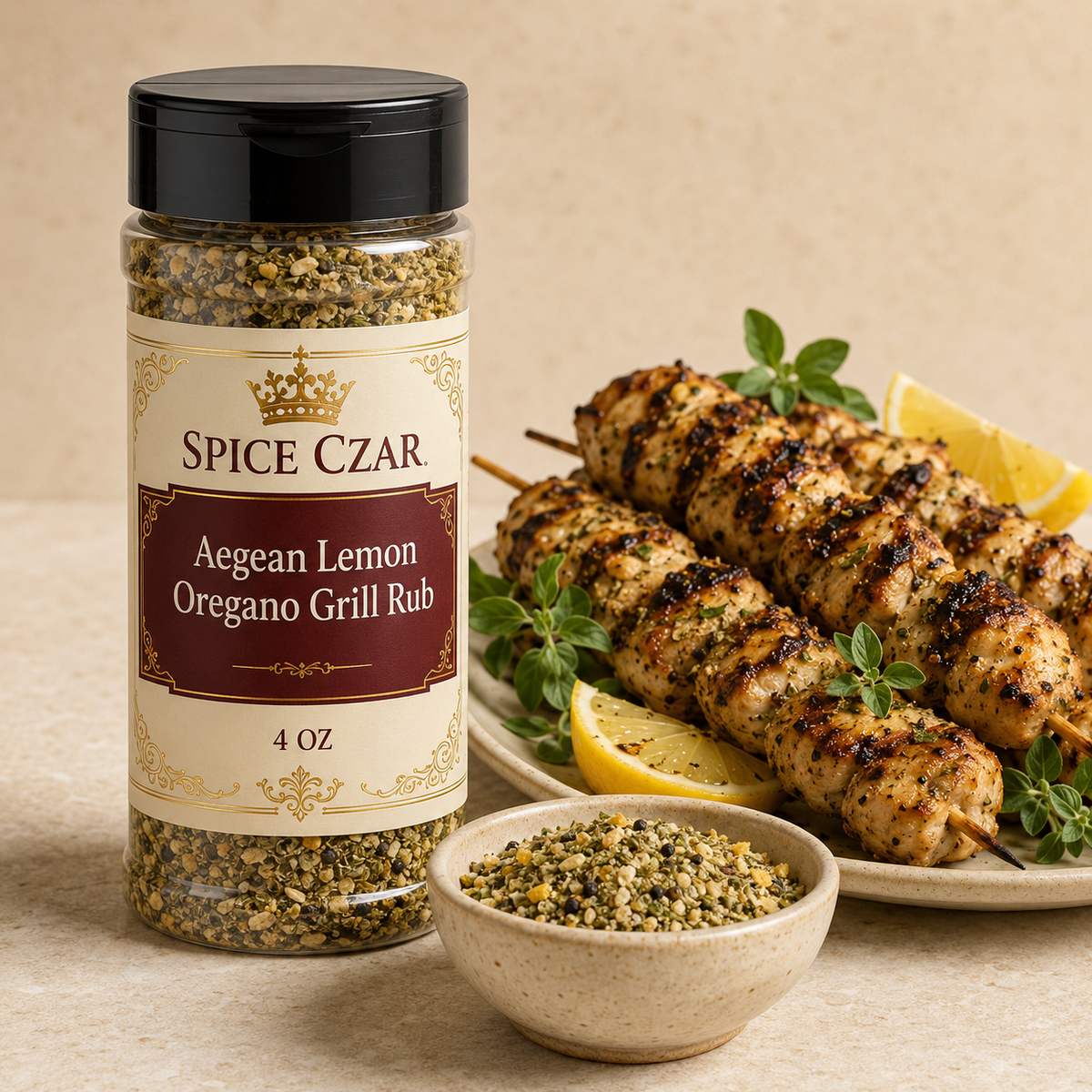 Spice Czar Aegean Lemon Oregano Grill Rub 4 oz shaker with spice and grilled chicken souvlaki