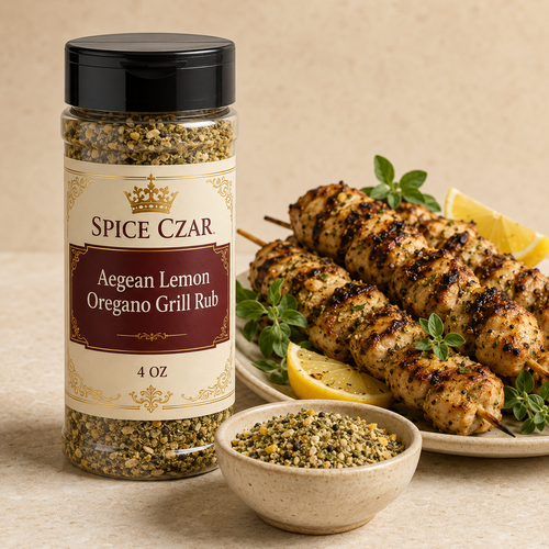 Spice Czar Aegean Lemon Oregano Grill Rub 4 oz shaker with spice and grilled chicken souvlaki