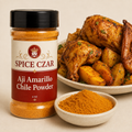 Aji Amarillo Chile Powder 4 oz Spice Czar shaker with visible product and serving suggestion