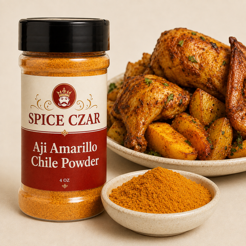 Aji Amarillo Chile Powder 4 oz Spice Czar shaker with visible product and serving suggestion