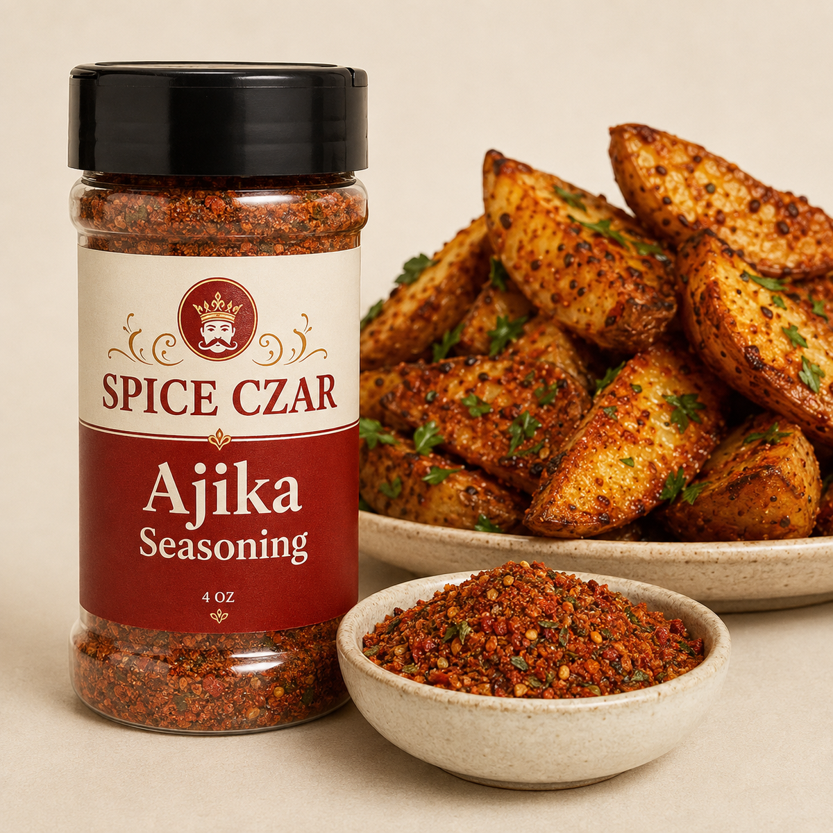 Ajika Seasoning 4 oz Spice Czar shaker with visible seasoning and serving suggestion