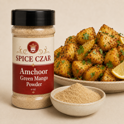 Amchoor Green Mango Powder 4 oz Spice Czar shaker with visible product and serving suggestion