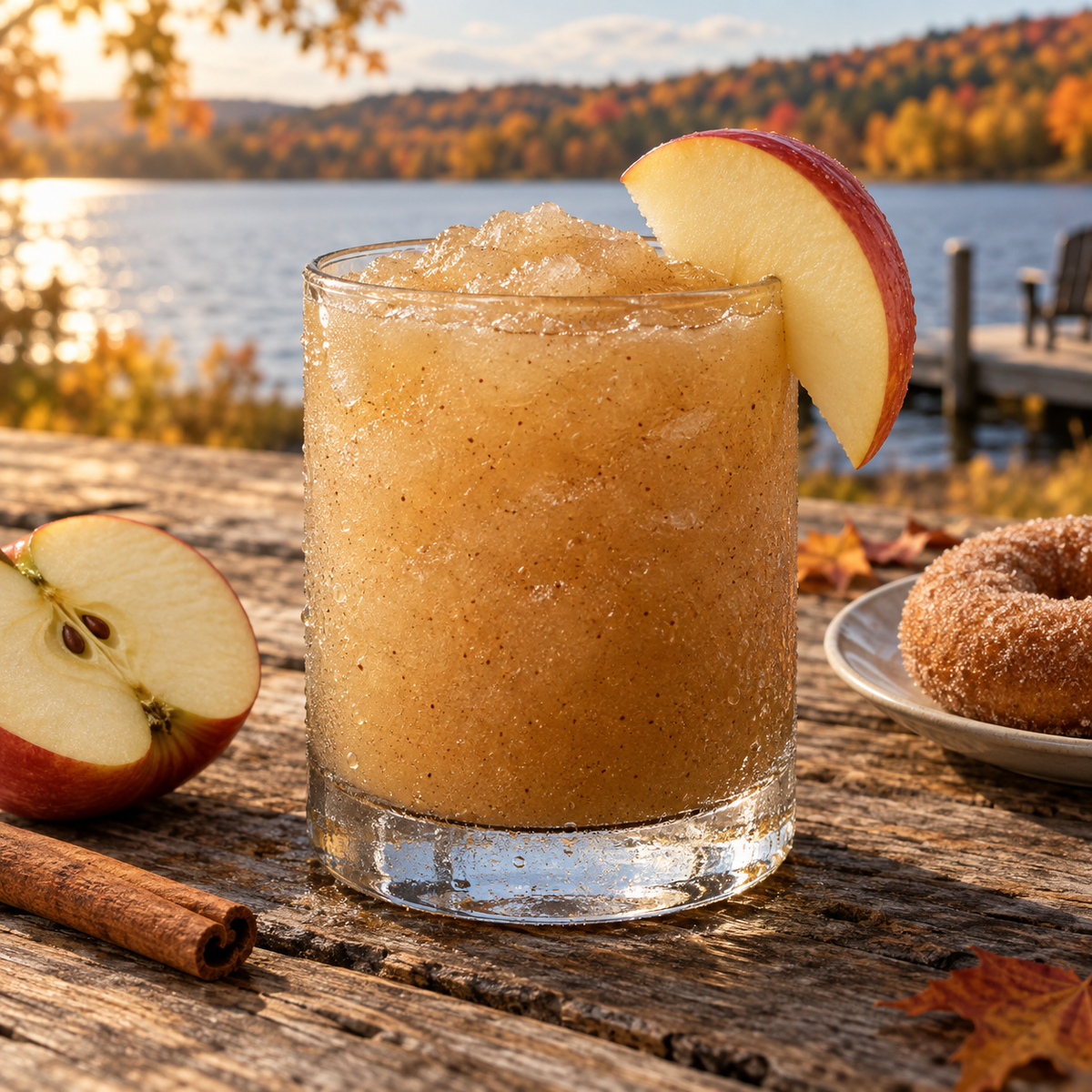 Serving suggestion: Apple Cider Donut slushy with complementary fruit and autumn lake scenery.