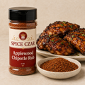 Applewood Chipotle Rub 4 oz Spice Czar shaker with visible seasoning and serving suggestion