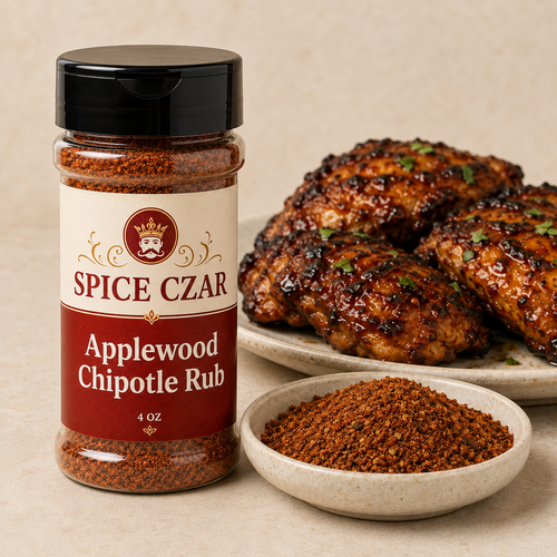 Applewood Chipotle Rub 4 oz Spice Czar shaker with visible seasoning and serving suggestion