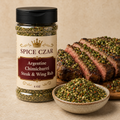 Spice Czar Argentine Chimichurri Steak and Wing Rub 4 oz shaker with spice and sliced grilled steak