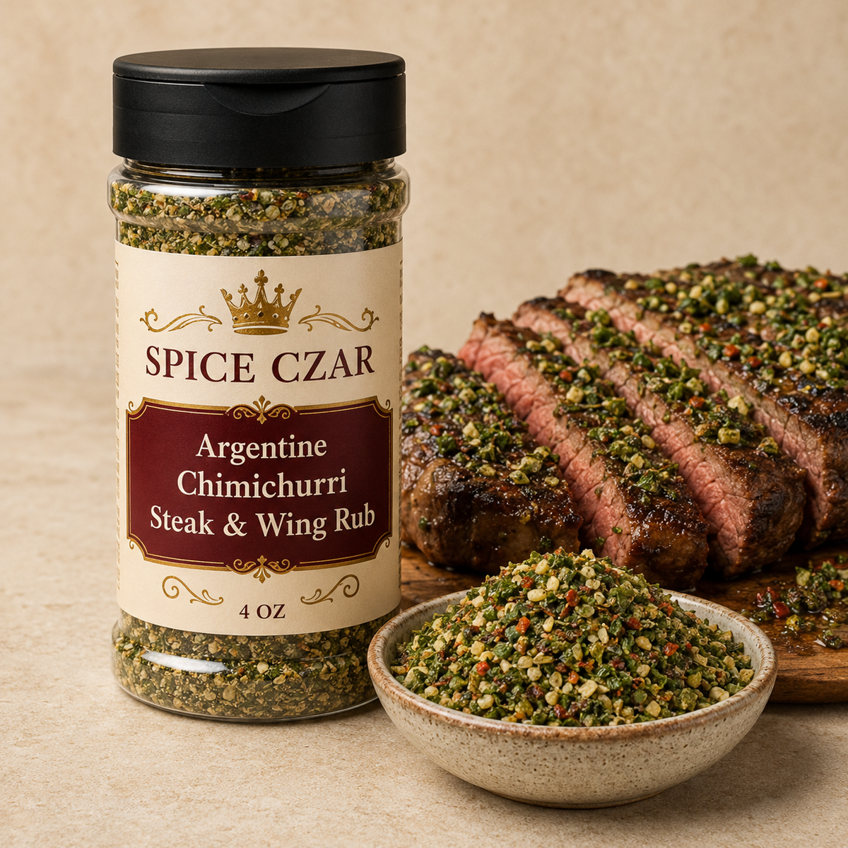 Spice Czar Argentine Chimichurri Steak and Wing Rub 4 oz shaker with spice and sliced grilled steak