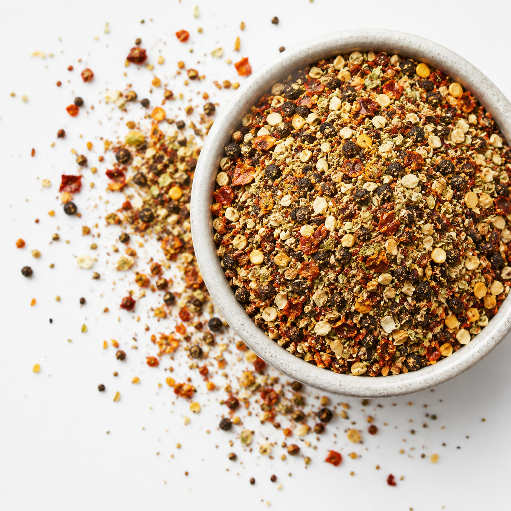 Austin Steak Rub with black pepper, garlic, onion, oregano and red chile in a bowl