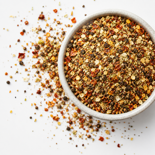 Austin Steak Rub with black pepper, garlic, onion, oregano and red chile in a bowl