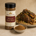 Spice Czar Baharat Royal Blend 4 oz shaker with spice and braised lamb over rice