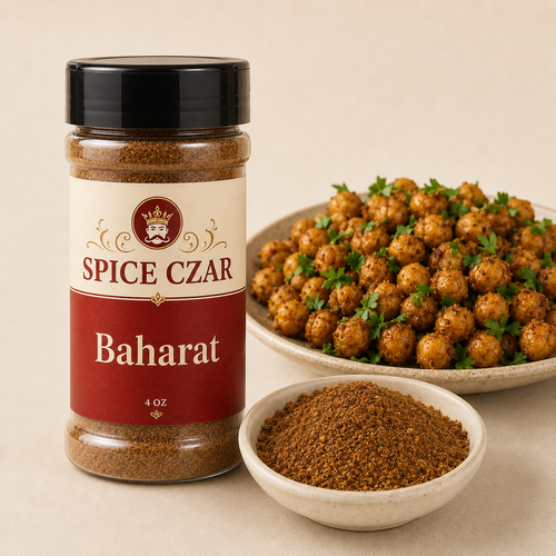 Baharat 4 oz Spice Czar shaker with visible seasoning and serving suggestion