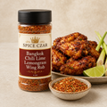 Spice Czar Bangkok Chili Lime Lemongrass Wing Rub 4 oz shaker with spice and crispy chicken wings