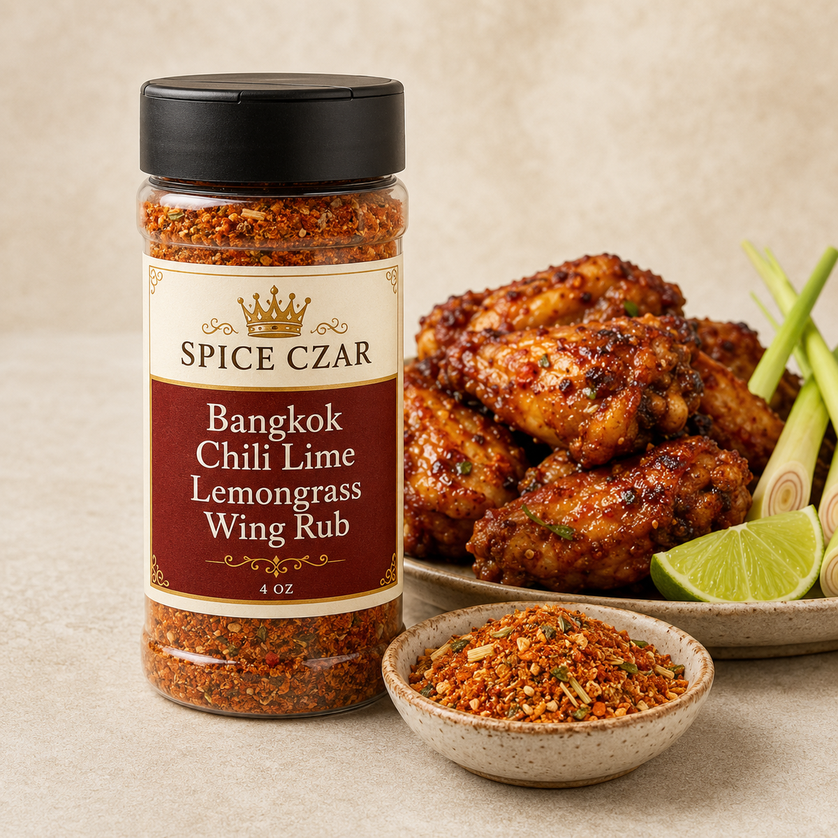 Spice Czar Bangkok Chili Lime Lemongrass Wing Rub 4 oz shaker with spice and crispy chicken wings