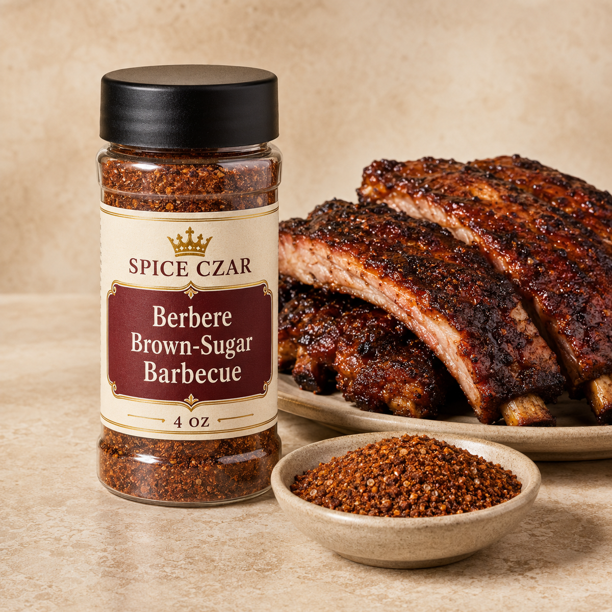 Spice Czar Berbere Brown-Sugar Barbecue 4 oz shaker with spice and glazed pork ribs