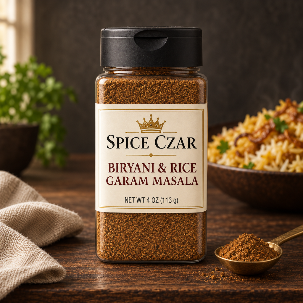 Spice Czar Biryani & Rice Garam Masala 4 oz shaker with the ground blend and a serving suggestion