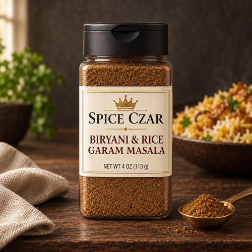 Spice Czar Biryani & Rice Garam Masala 4 oz shaker with the ground blend and a serving suggestion