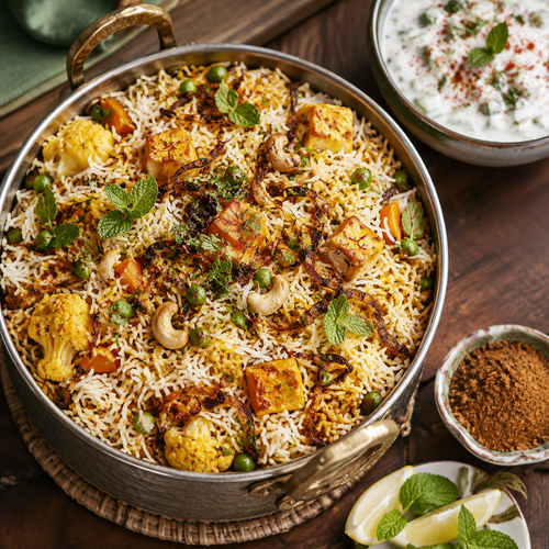 Vegetable biryani with separate basmati grains, paneer, cauliflower, peas, carrots, fried onions, mint, cashews and raita