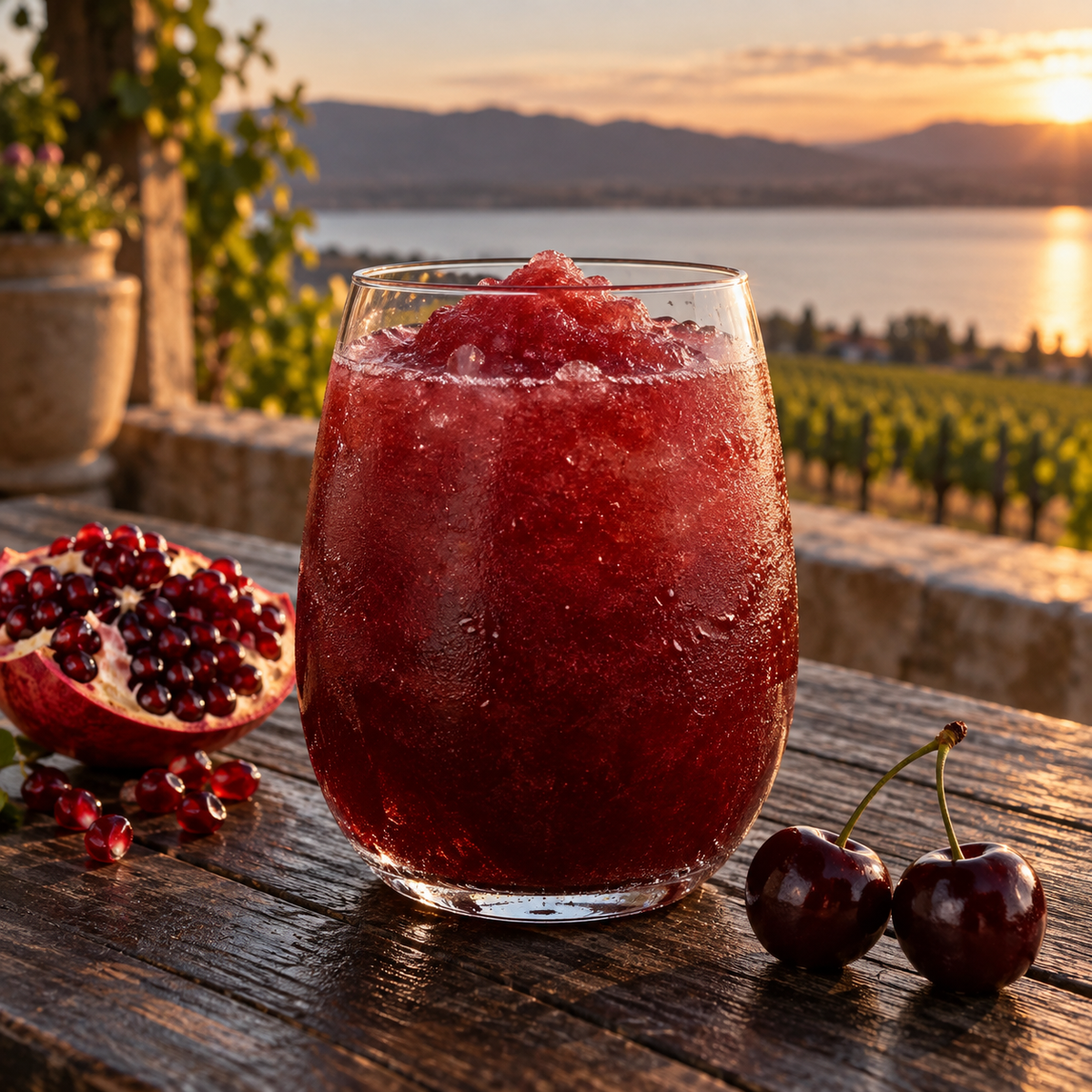 Serving suggestion: Black Cherry Pomegranate slushy with matching fresh fruit in a lakeside setting.