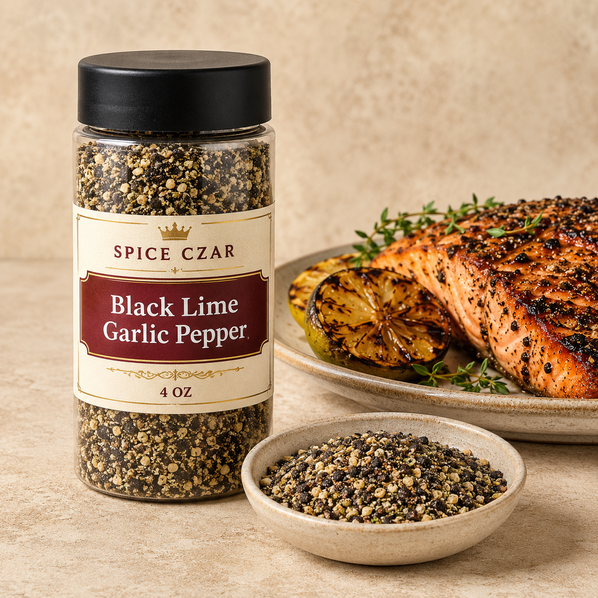 Spice Czar Black Lime Garlic Pepper 4 oz shaker with coarse seasoning and grilled salmon