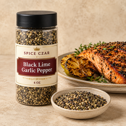Spice Czar Black Lime Garlic Pepper 4 oz shaker with coarse seasoning and grilled salmon