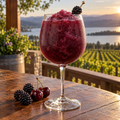 Serving suggestion: Blackberry Merlot slushy with complementary fruit and a lake or moored-boat setting.