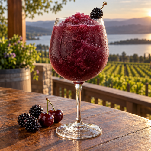 Serving suggestion: Blackberry Merlot slushy with complementary fruit and a lake or moored-boat setting.