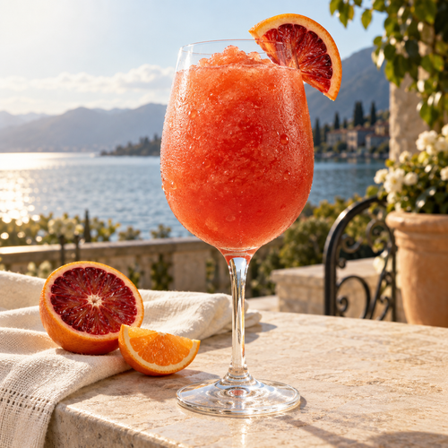 Serving suggestion: Blood Orange Mimosa slushy with complementary fruit and a lake or moored-boat setting.