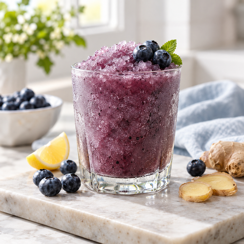 Blueberry Ginger serving inspiration; optional fresh fruit and garnish are not included in the dry mix.