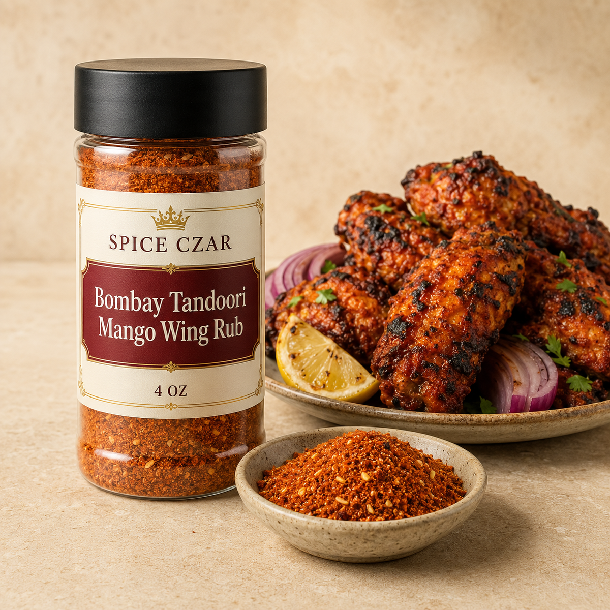 Spice Czar Bombay Tandoori Mango Wing Rub 4 oz shaker with orange-red spice and tandoori chicken wings