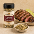 Spice Czar Brazilian Churrasco Garlic-Lime Rub 4 oz shaker with seasoning and sliced grilled picanha