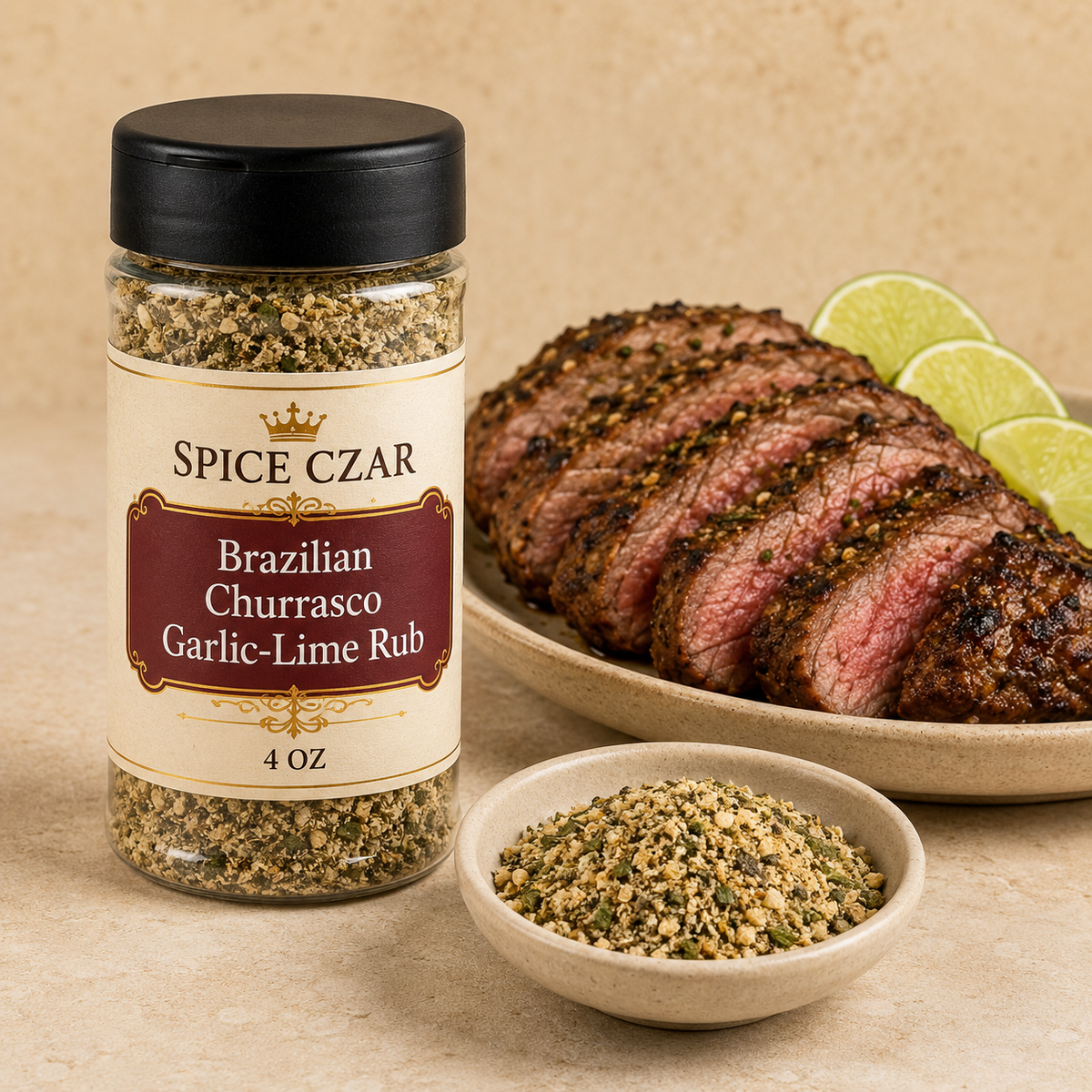 Spice Czar Brazilian Churrasco Garlic-Lime Rub 4 oz shaker with seasoning and sliced grilled picanha