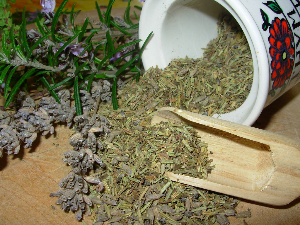 Green herb-forward dried seasoning with rosemary, sage, oregano and fennel-like texture, representing Spice Czar Breakfast Sausage Seasoning. Photo by French Tart-FT via Wikimedia Commons, CC BY 2.0.