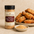 Spice Czar Buffalo Garlic Parmesan Wing Dust 4 oz shaker with seasoning and crispy wings