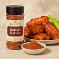 Spice Czar Buffalo Harissa 4 oz shaker with red chile spice and spicy chicken wings