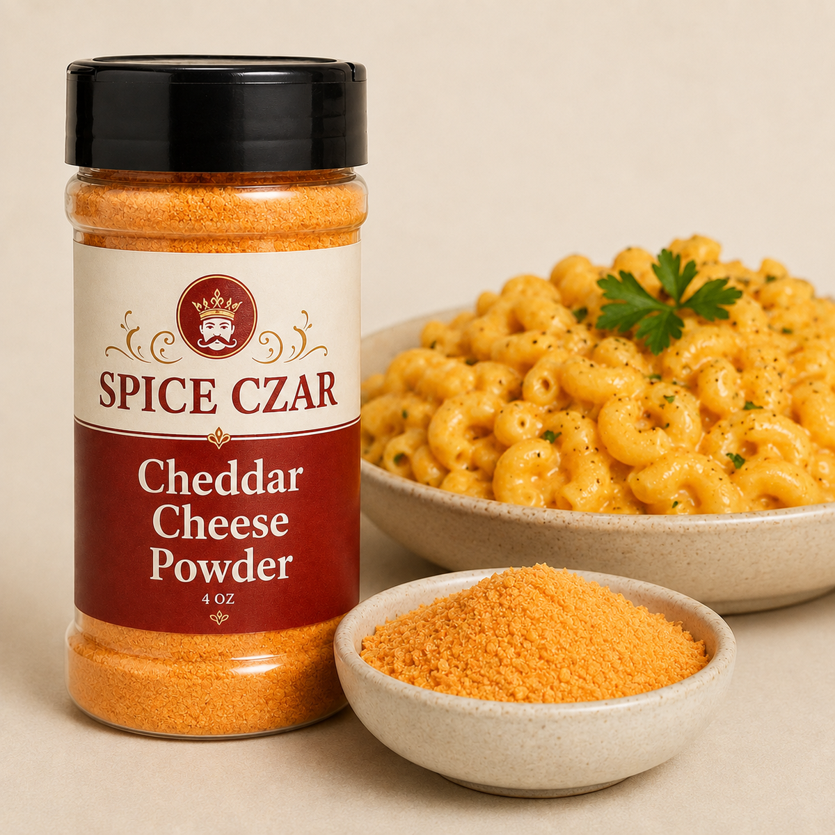 Cheddar Cheese Powder 4 oz Spice Czar shaker beside a bowl of macaroni and cheese and a dish of orange cheddar powder