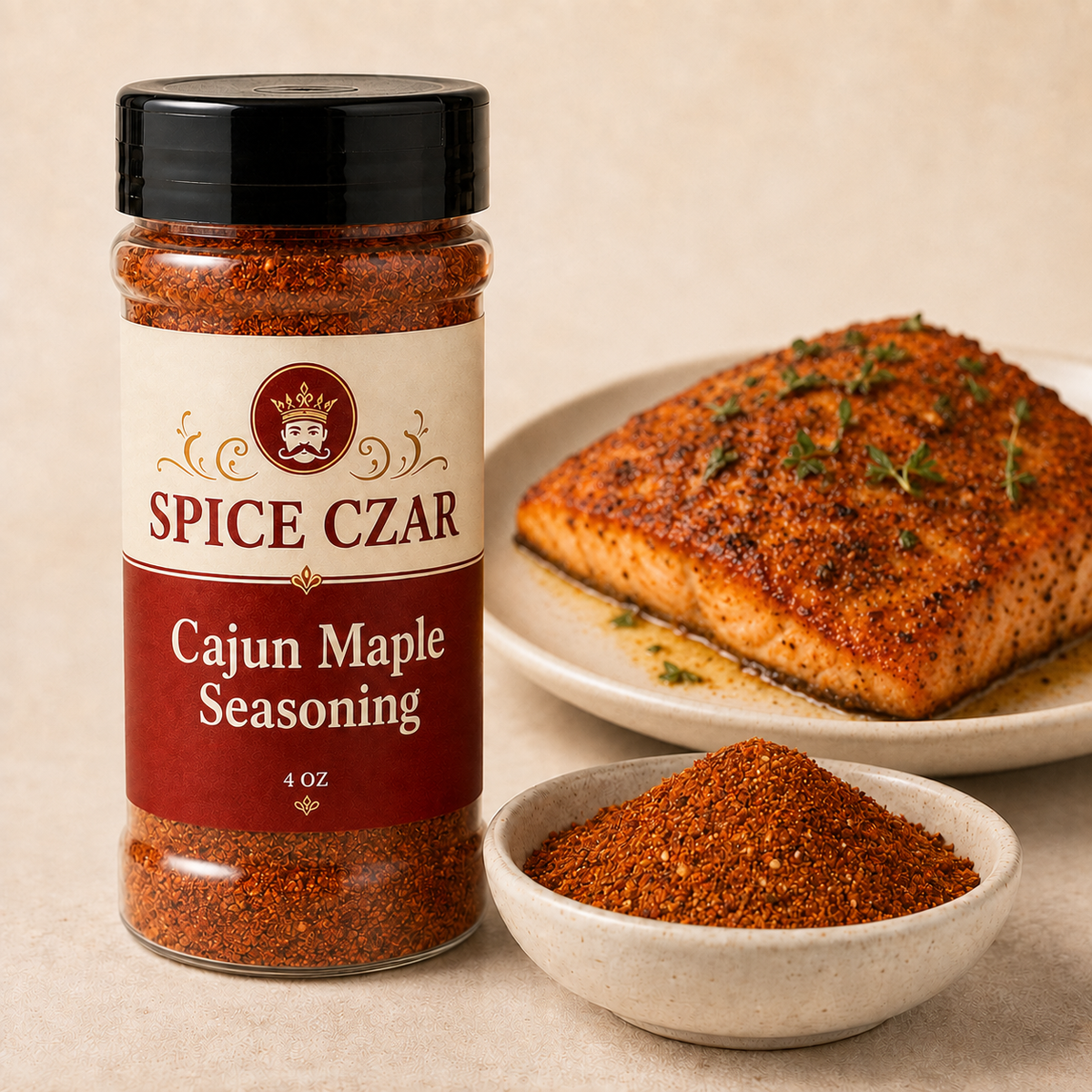 Cajun Maple Seasoning 4 oz Spice Czar shaker with visible seasoning and serving suggestion