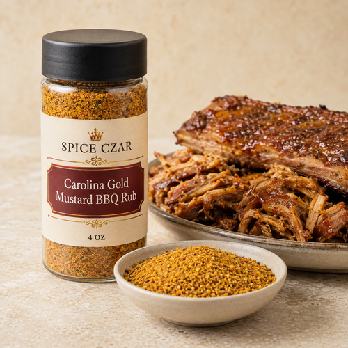 Spice Czar Carolina Gold Mustard BBQ Rub 4 oz shaker with golden spice and smoked pulled pork