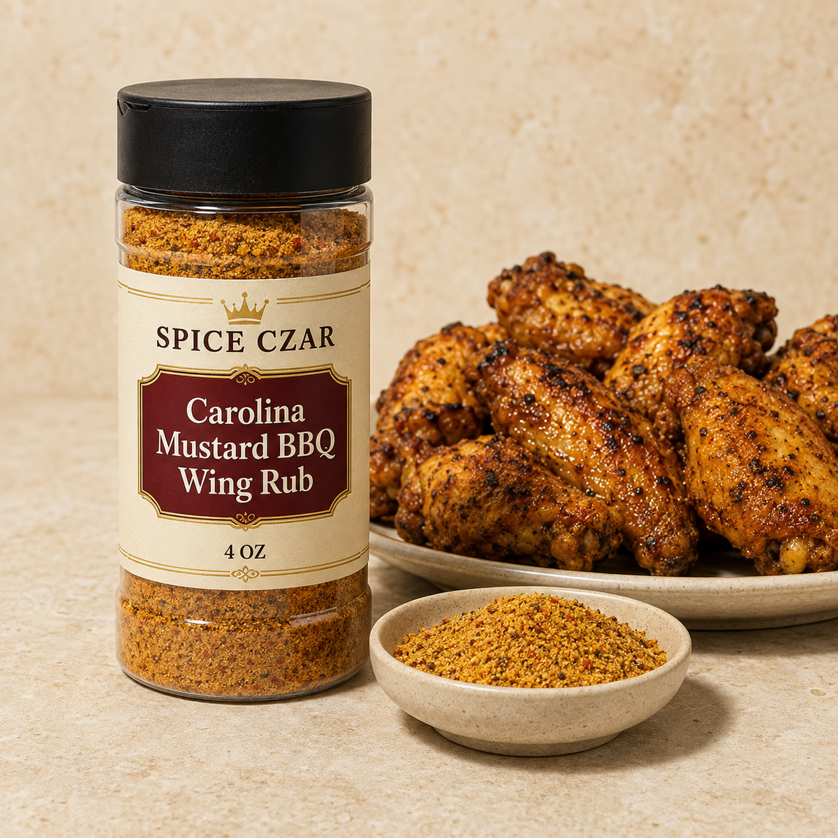Spice Czar Carolina Mustard BBQ Wing Rub 4 oz shaker with golden seasoning and grilled chicken wings