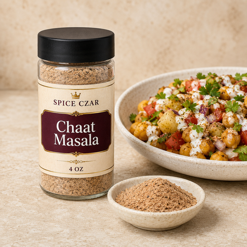 Spice Czar Chaat Masala 4 oz shaker with tangy spice and chickpea chaat