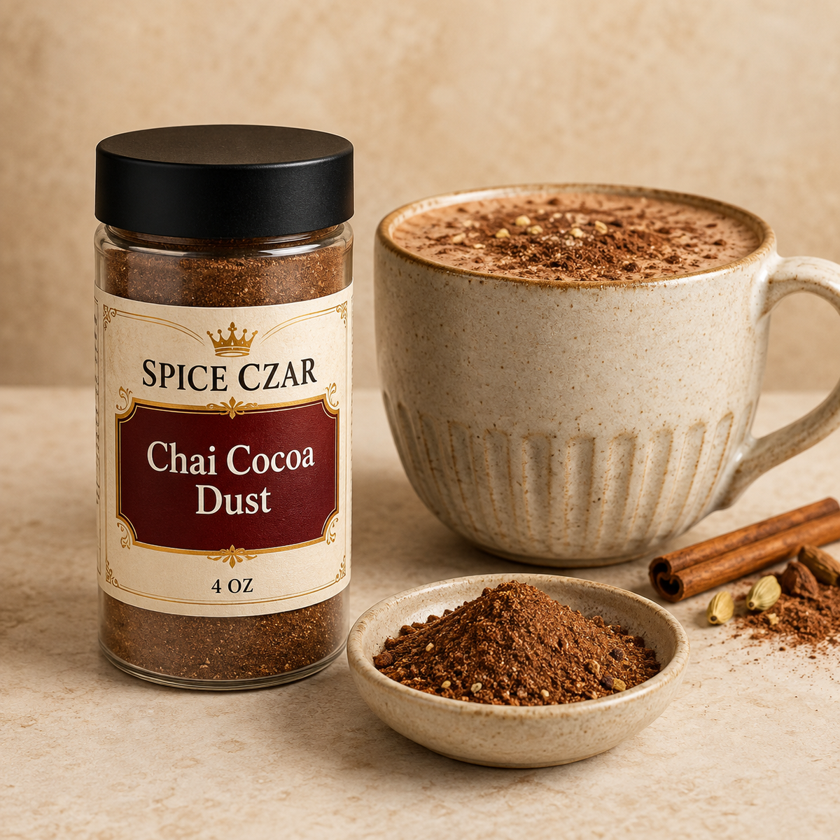 Spice Czar Chai Cocoa Dust 4 oz shaker with cocoa spice and a frothy chocolate chai
