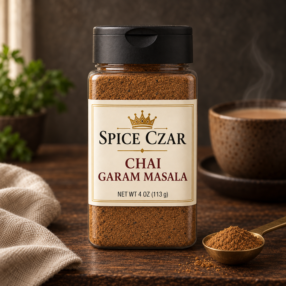 Spice Czar Chai Garam Masala 4 oz shaker with the ground blend and a serving suggestion