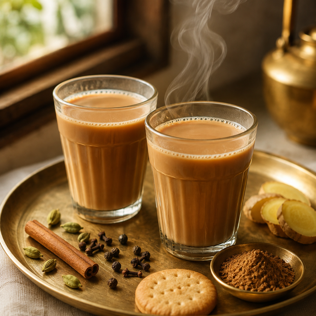 Traditional masala chai with cardamom, cinnamon, cloves, black pepper, ginger and chai garam masala