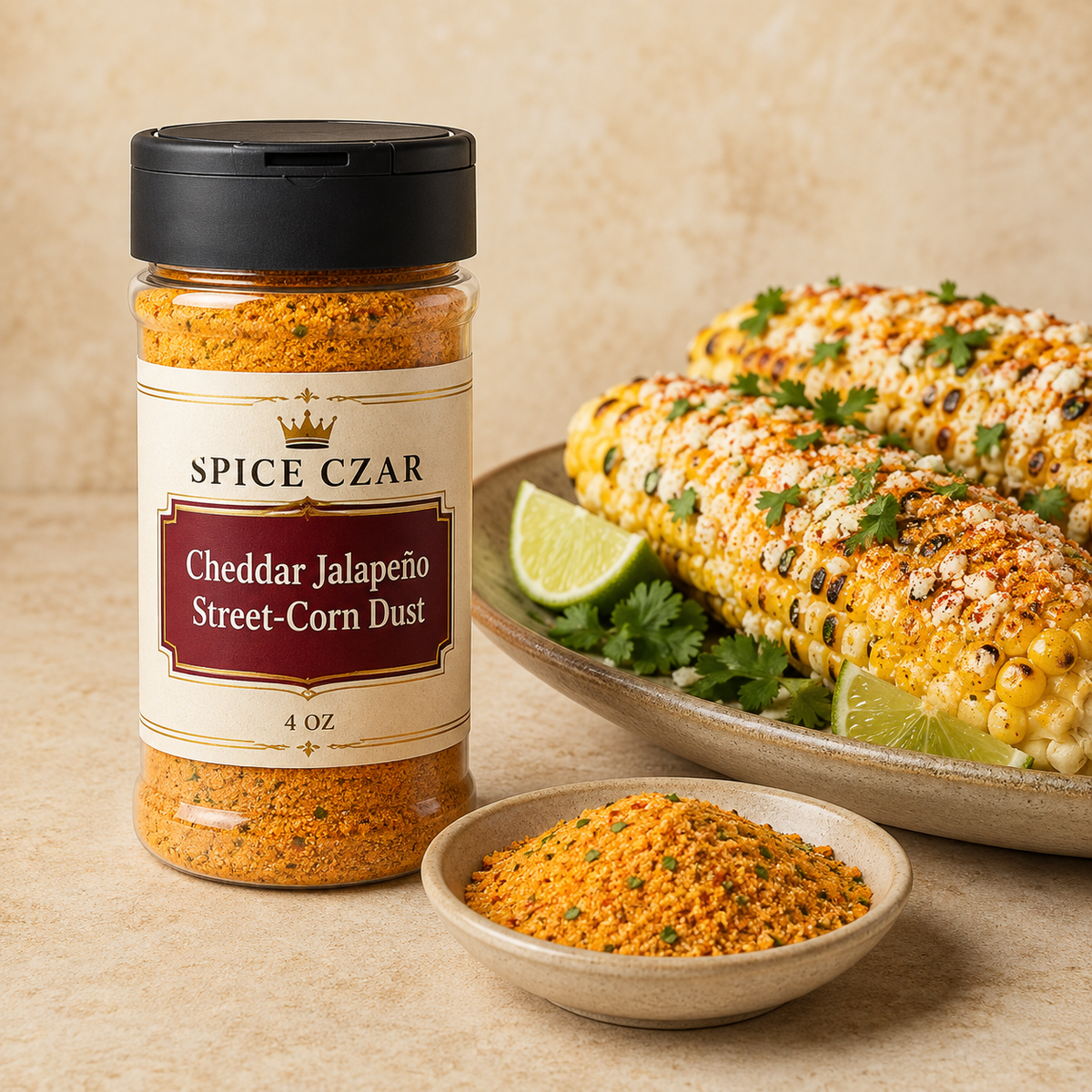 Spice Czar Cheddar Jalapeño Street-Corn Dust 4 oz shaker with orange seasoning and grilled street corn