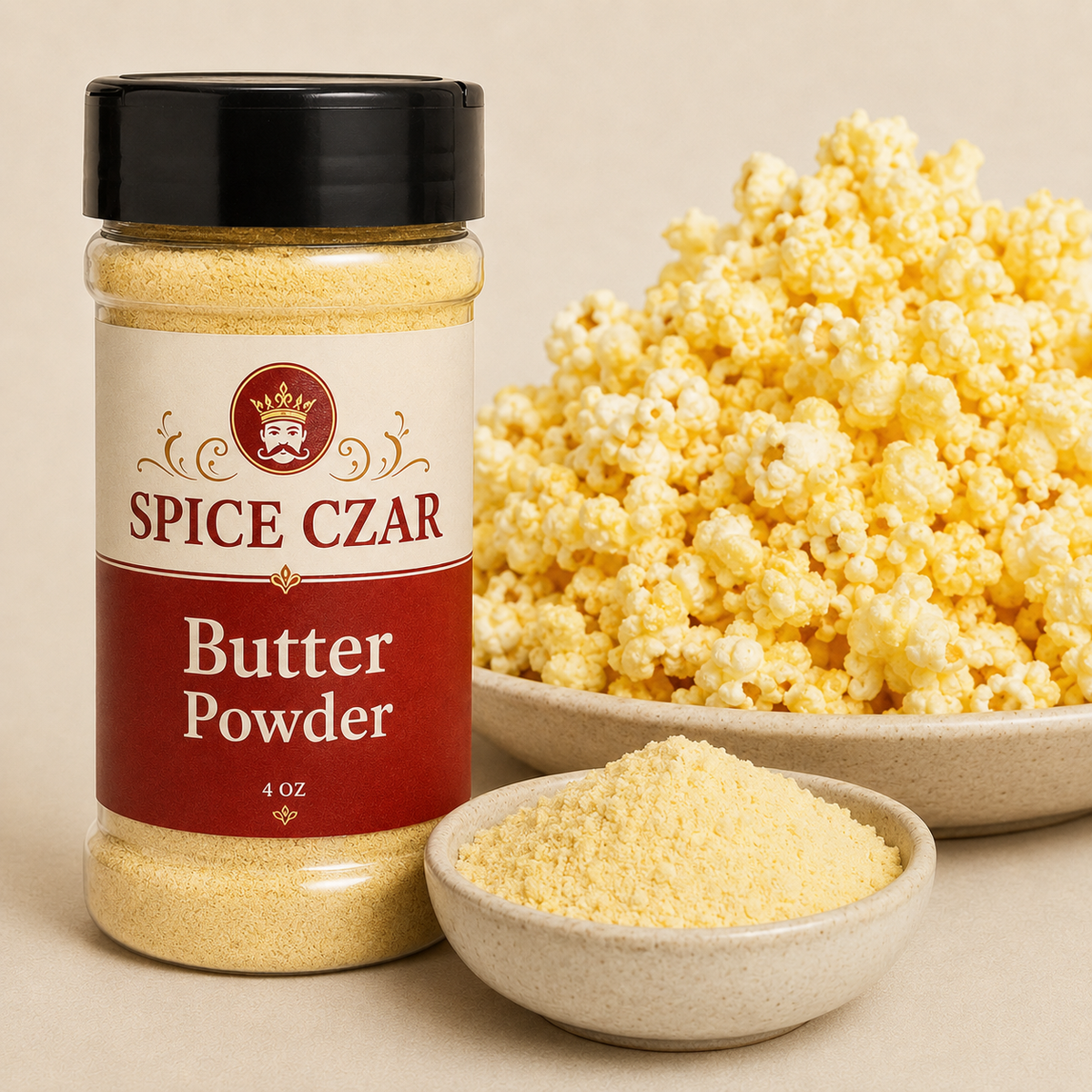 Butter Powder 4 oz Spice Czar shaker beside a bowl of buttered popcorn and a dish of pale yellow butter powder