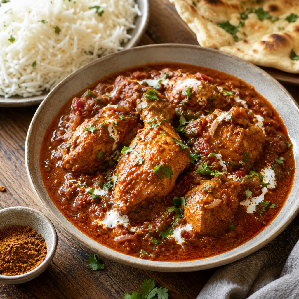 Chicken garam masala curry with caramelized onion and tomato gravy, cilantro, basmati rice and naan